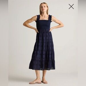 Quince 100% Organic Cotton Eyelet Smocked Midi Dress | Navy | Small